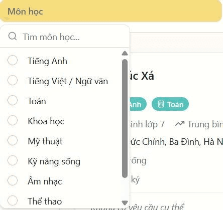 Ảnh màn hình menu lọc Môn học đang mở