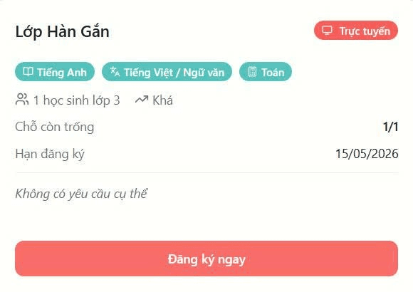 Ảnh màn hình thẻ lớp với nút Đăng ký ngay